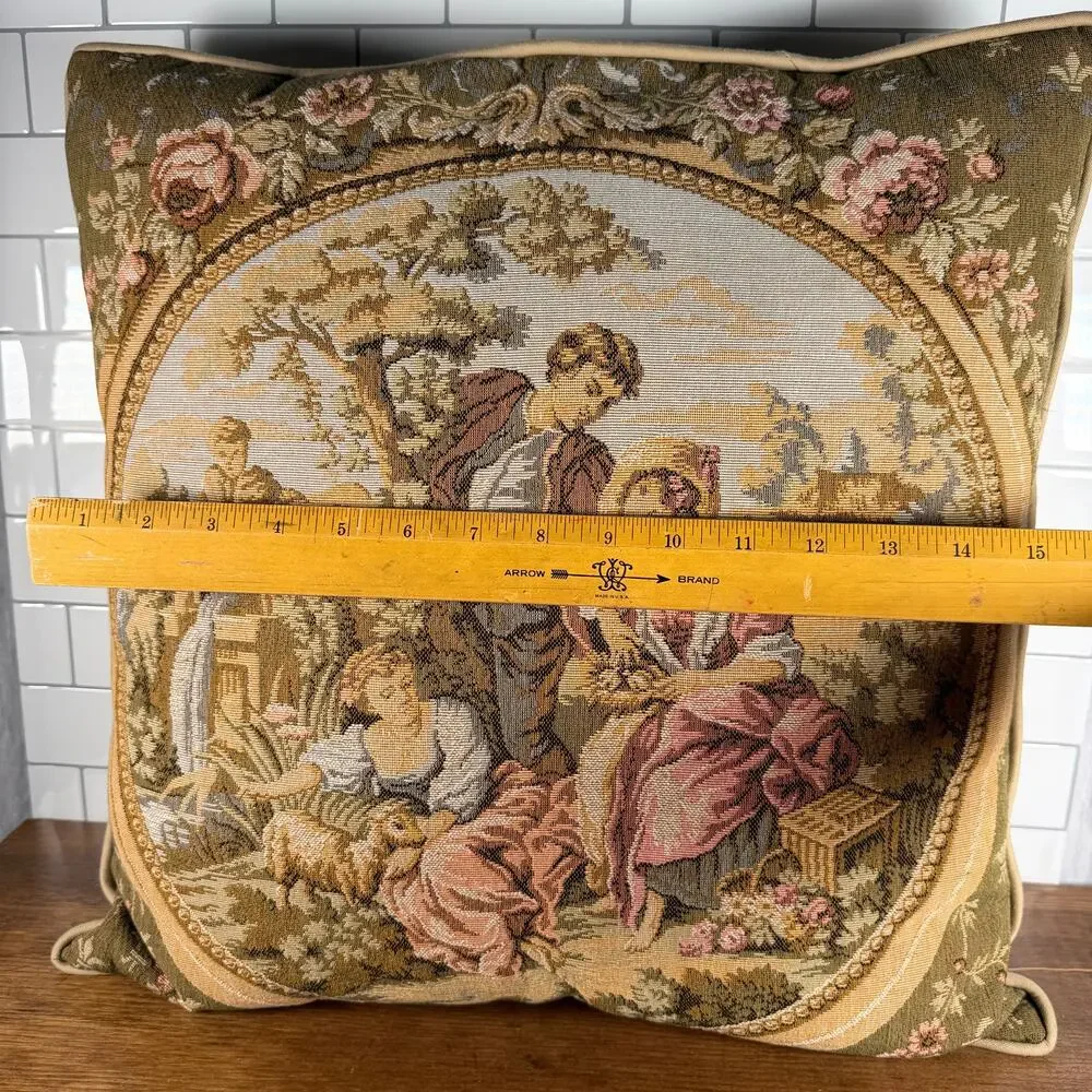 Vintage French Country Tapestry Courting Scene Throw Pillow 17x17